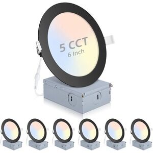 6 Pack LED Recessed Lights 6in Black 5CCT Dimmable Junction Box Ultra Thin ETL